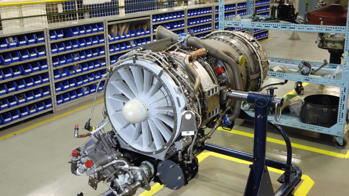 Gas turbine (jet) engine on stand for overhaul