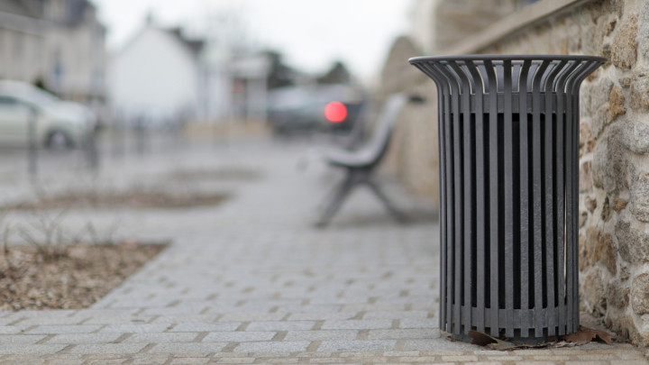 metallic trash bin in a urban environment