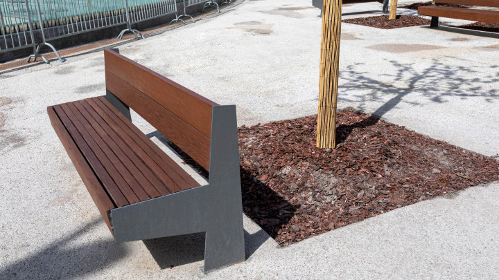 Improvement of modern city square. Wooden bench, tree trunk with bark mulching on pedestrian boulevard